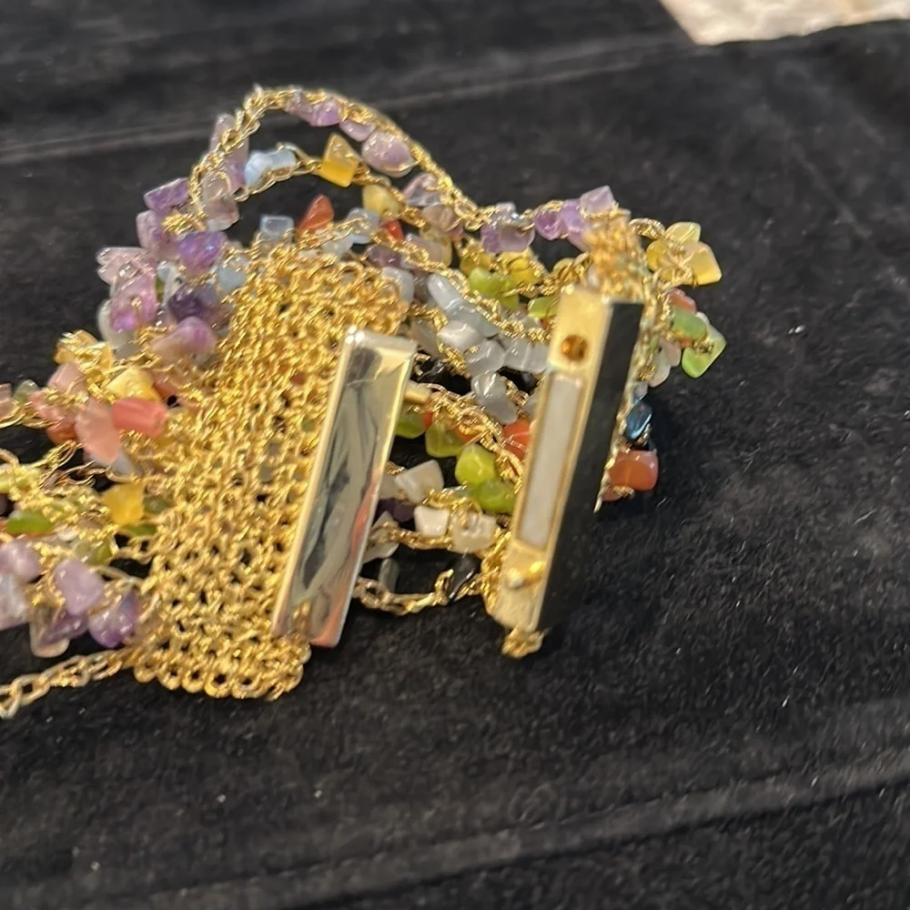 SALE: Bracelet Multi-colored natural stones strung on gold woven wire. 4” wide